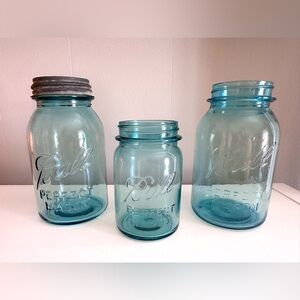 Vintage Ball Perfect Mason Blue Aqua Glass Jars - Set of 3